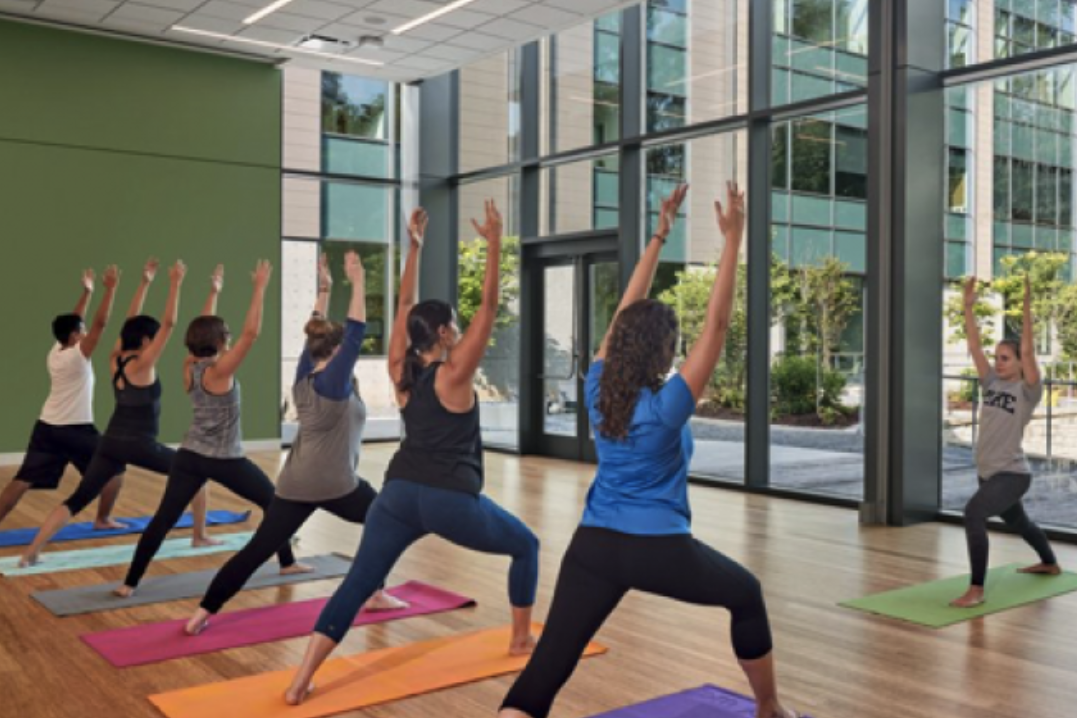 Participants standing in forward lunges, arm stretched up towards the ceiling Participants standing in forward lunges, arm stretched up towards the ceiling